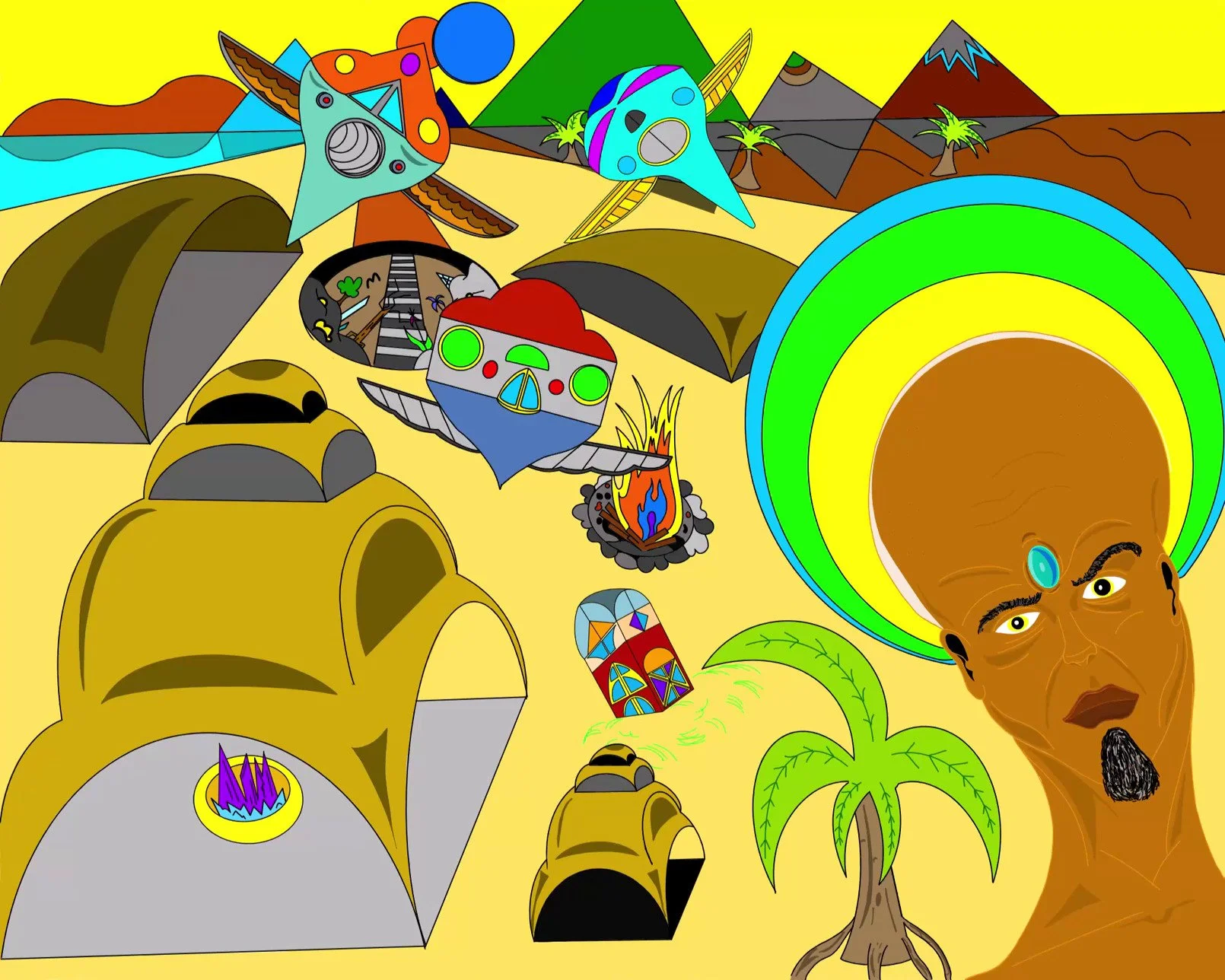 Colorful abstract drawing with various elements such as a human face with a large head and a rainbow-colored halo, a palm tree, a campfire, a rainbow, mountains, and stylized objects and creatures.