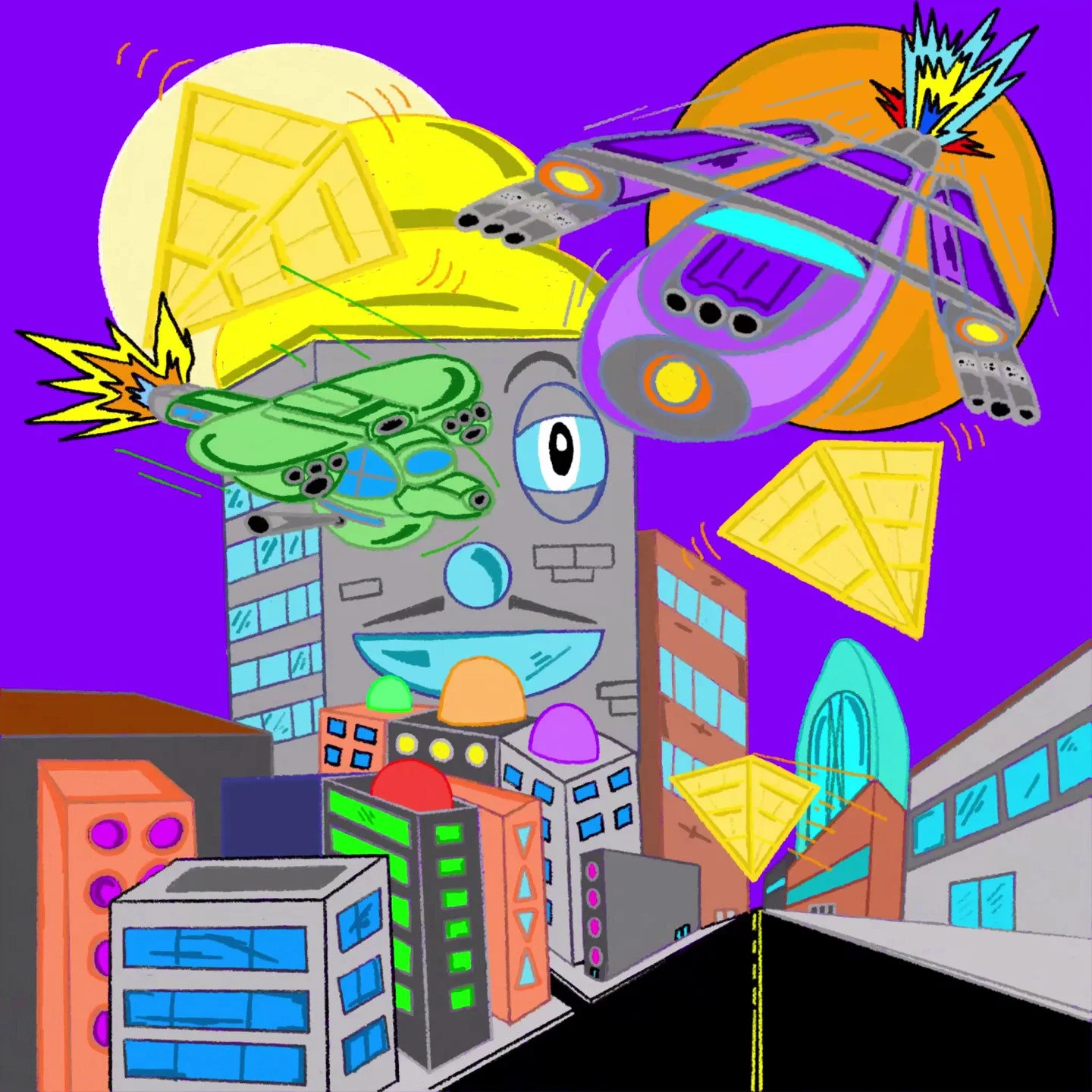 Colorful comic-style illustration of a city with skyscrapers, flying spaceship, a smiling face shaped building with an eye, and geometric shapes after explosions against a purple sky.