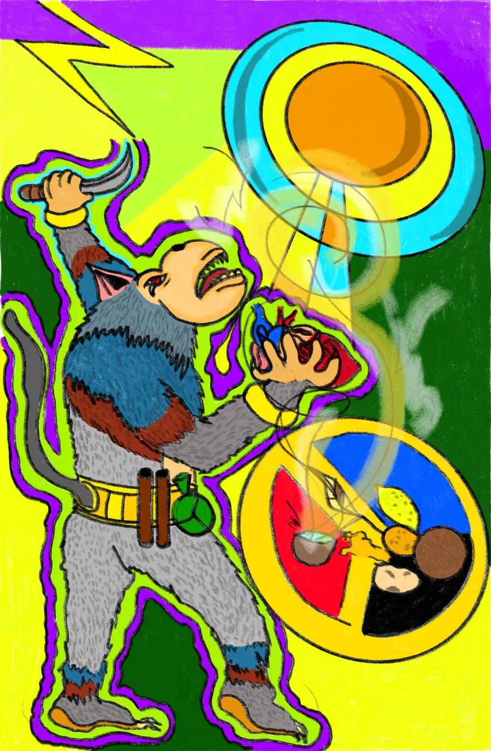 A colorful drawing of a wolf dressed as a scientist holding test tubes, with a large swirling target-like design and lightning bolts in the background.