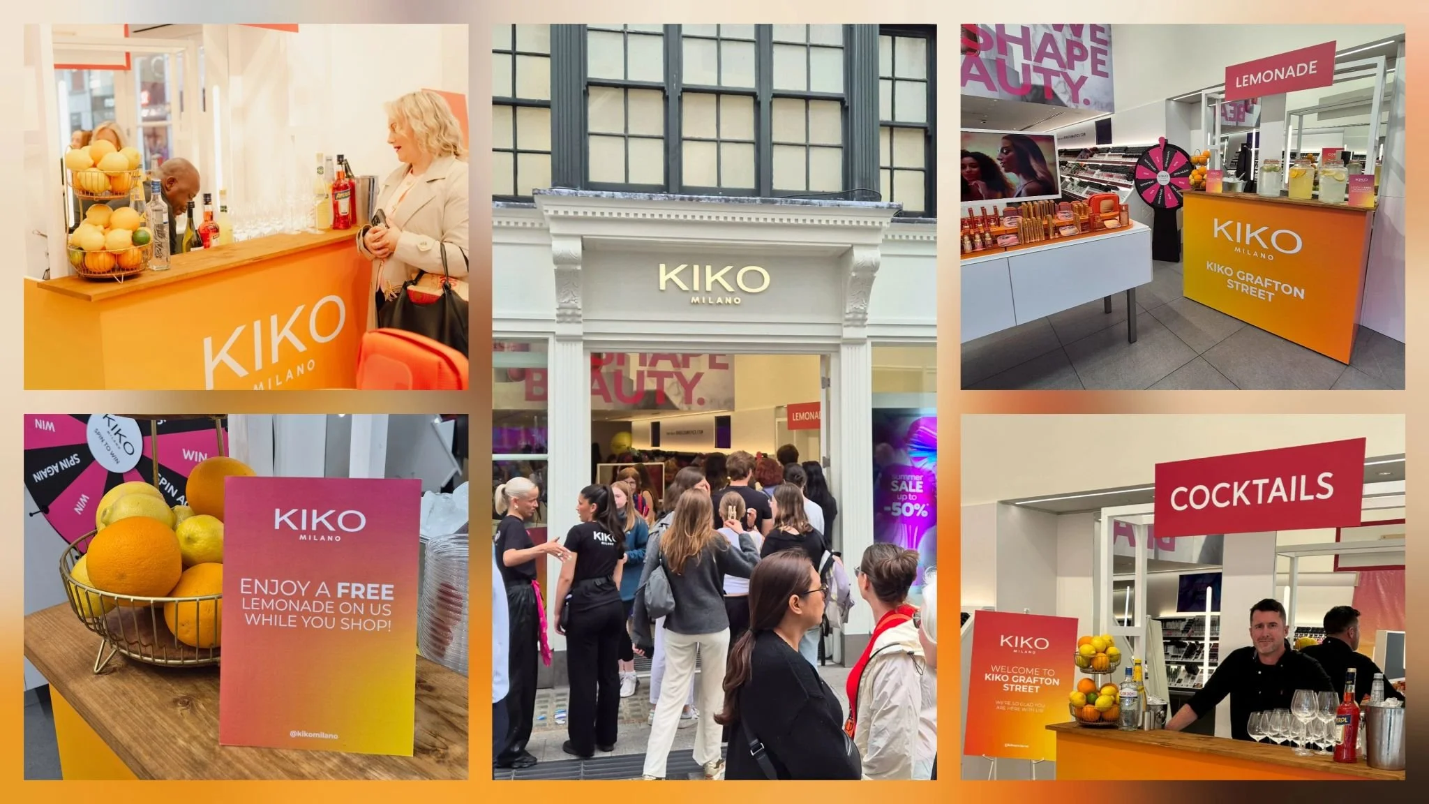Collage of images from a KIKO Milano store event, including a fruit stand, the storefront with a crowd of shoppers, payment counters for skincare and cosmetic products, and promotional signs offering free lemonade and discounted products.