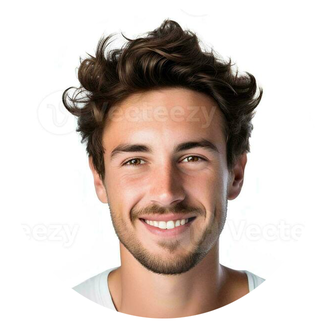 Smiling young man with wavy brown hair and light facial hair, wearing a white shirt against a white background.