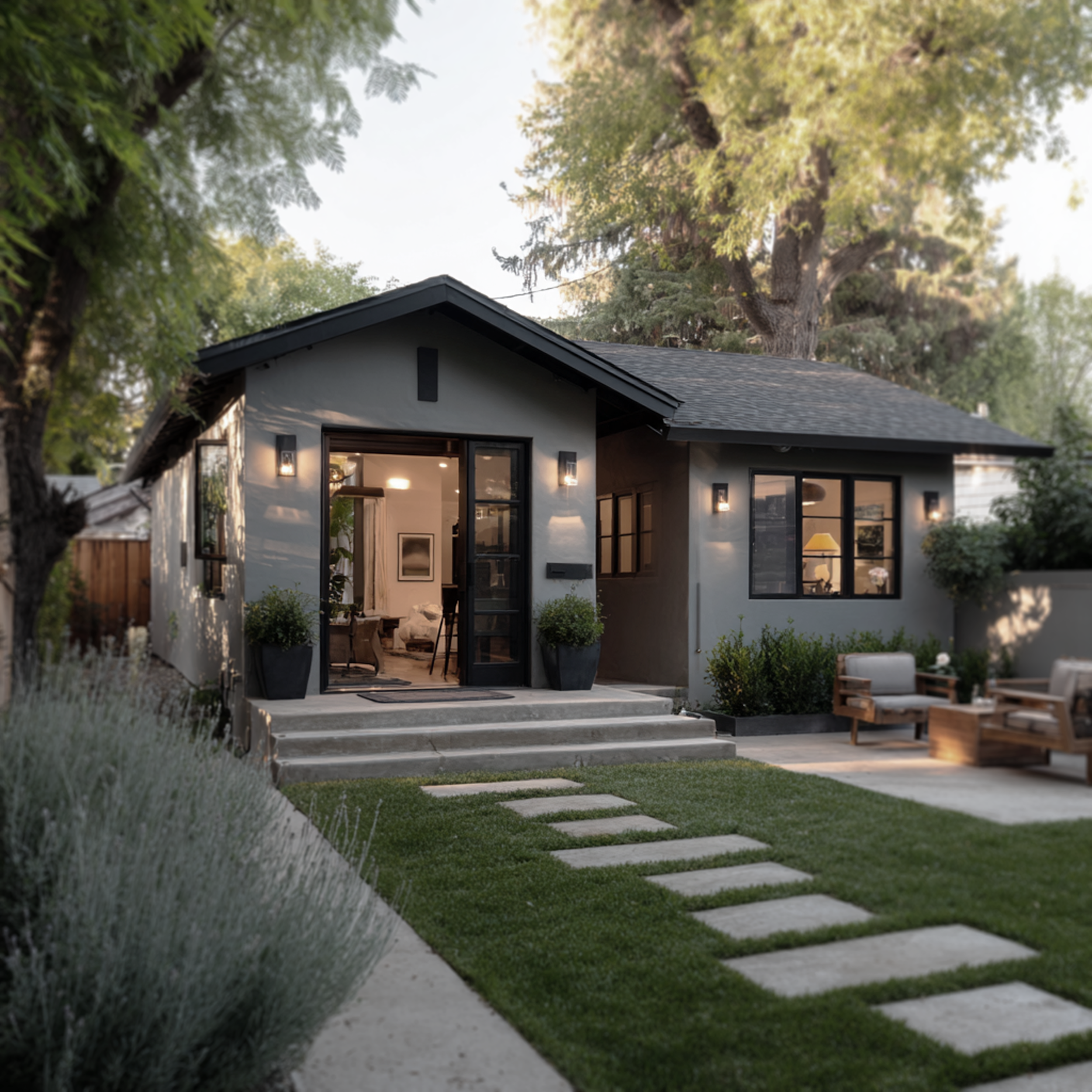 A modern suburban house with a small front yard, stepping stones on a neatly manicured lawn, outdoor seating area, and exterior lights illuminating the house at dusk.
