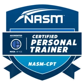 NASM Certified Personal Trainer badge with blue and white design