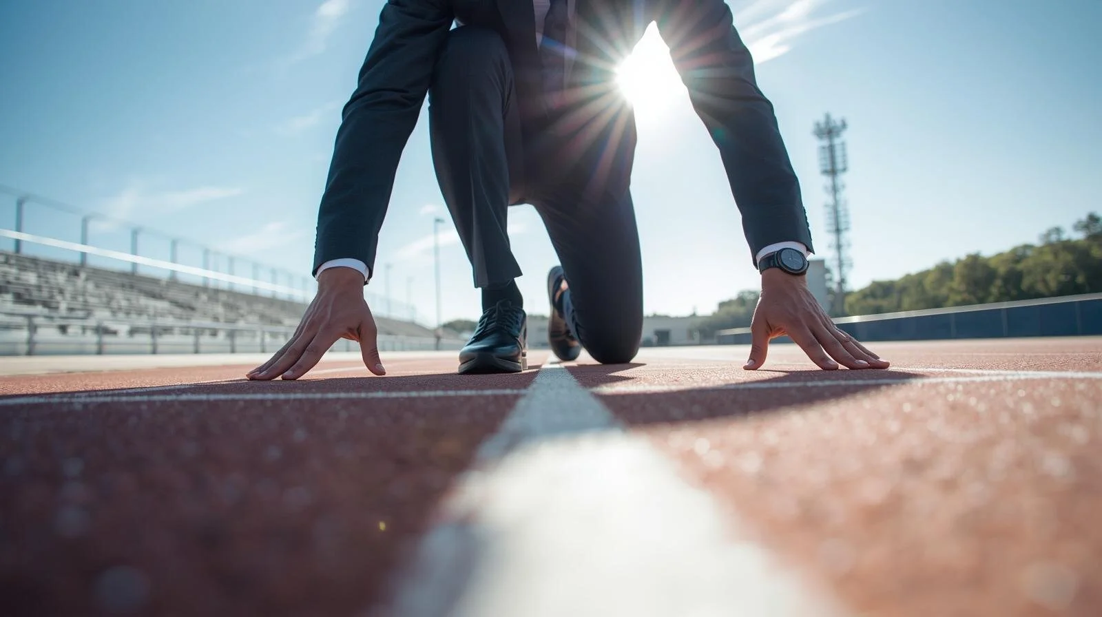 Une personne en costume noir dans une position de départ sur une piste d'athlétisme, prête à courir, avec le soleil derrière elle.