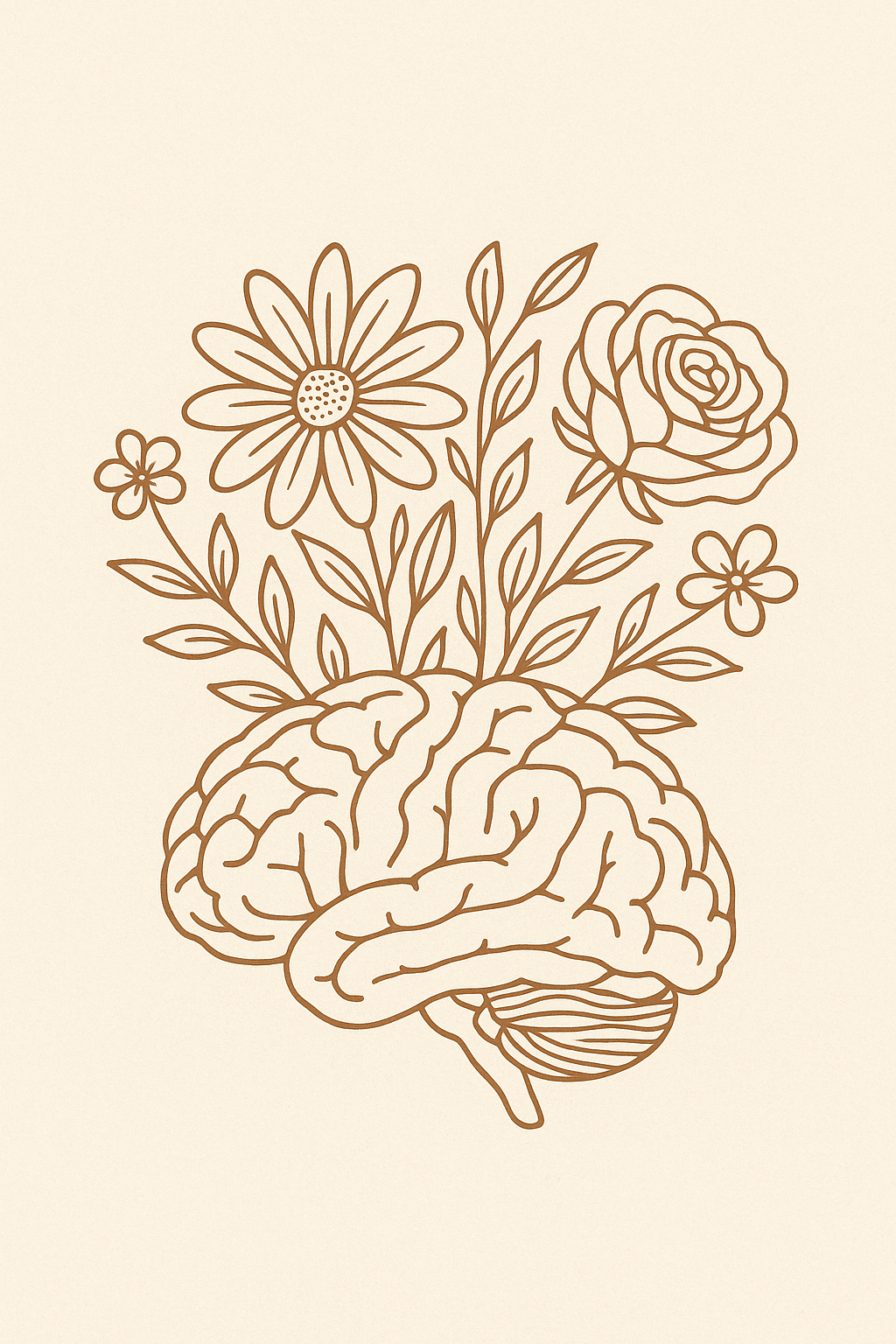 An illustration of a brain with flowers and leaves growing from it, in a brown line art style on a light background.