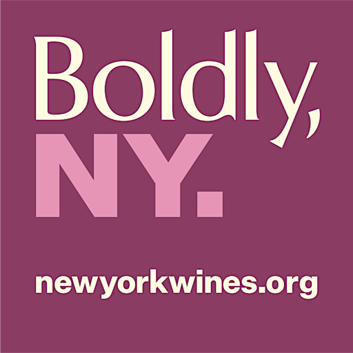 Text that says, "Boldly, NY." and "newyorkwines.org" on a purple background.
