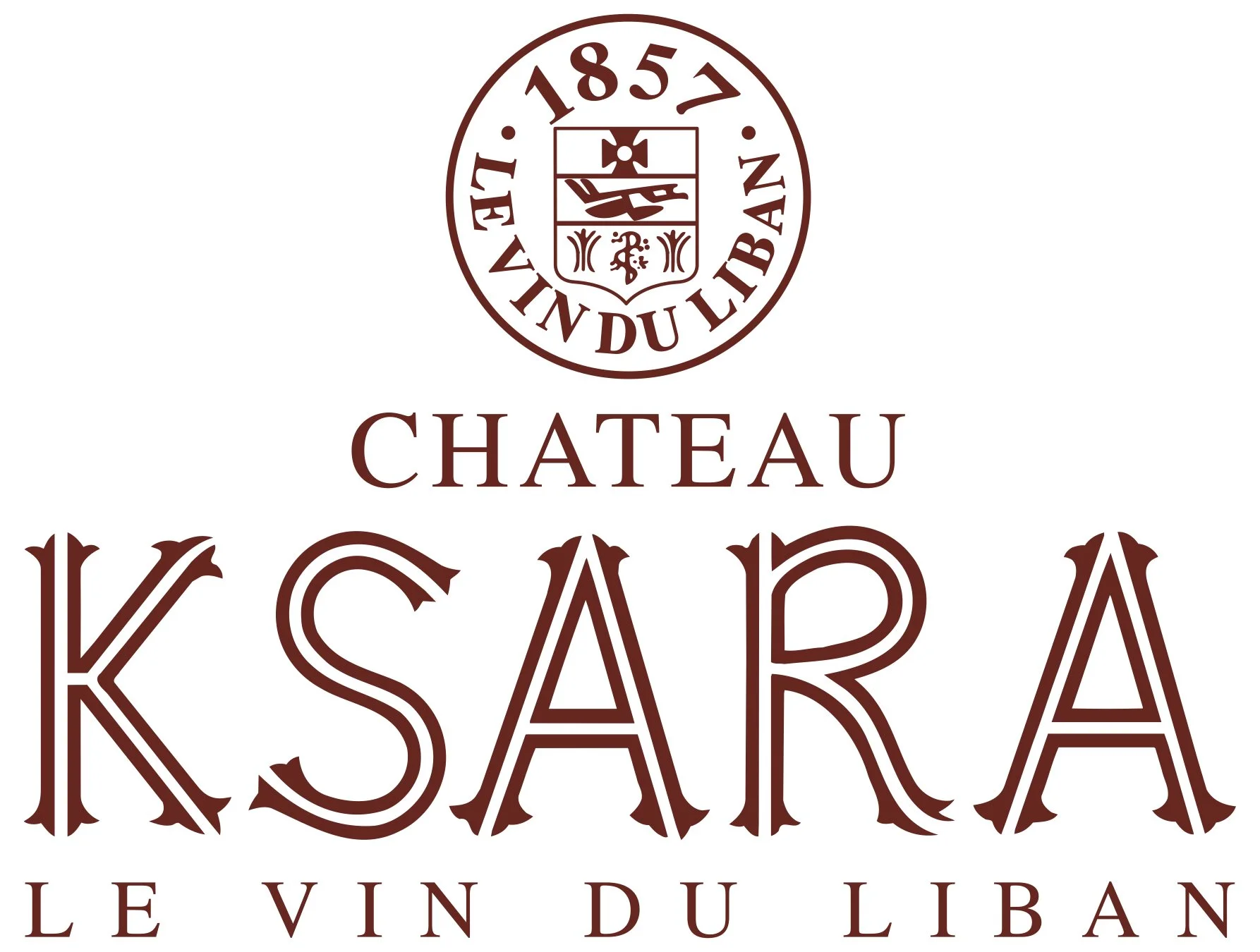 Chateau Ksara wine label with the winery's logo, the words 'Chateau Ksara,' 'Le Vin Du Liban,' and an emblem featuring a shield with a cross, a vineyard, and a plant.