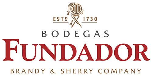 Logo for Bodegas Fundador, a brand of Brandy & Sherry, featuring an emblem with a vintage microphone and crossed keys, with the year 1730.