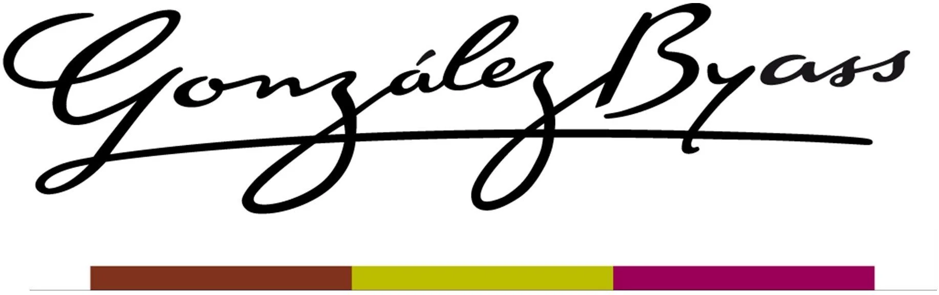 Stylized signature reading 'González-byass' with a color bar below it, featuring brown, lime green, and purple sections.