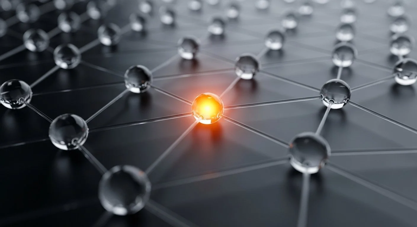 A mountain landscape with snow-capped peaks in the background and a modern building on a grassy hillside in the foreground.