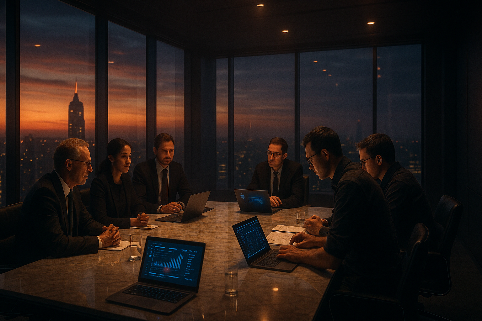 Scenic landscape of a lake surrounded by rolling hills and mountains under an overcast sky.