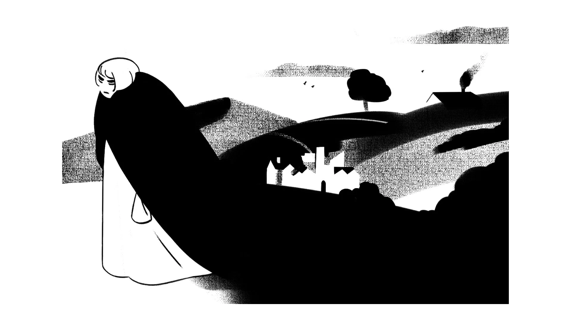 Eine schwarz-weiße Illustration eines traurigen Mädchens, das auf einer Bank sitzt, mit einer ländlichen Landschaft im Hintergrund, inklusive Hügeln, Bäumen und einem Haus mit Rauch, der aus dem Schornstein aufsteigt.