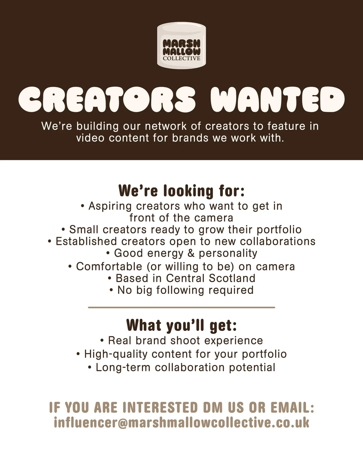 Want to feature in social media content? 🎥

We&rsquo;re looking for creators of all sizes! From aspiring to established ✨

📧 If you&rsquo;re interested, DM us or email: influencer@marshmallowcollective.co.uk with:
&bull; Your name
&bull; Location
&