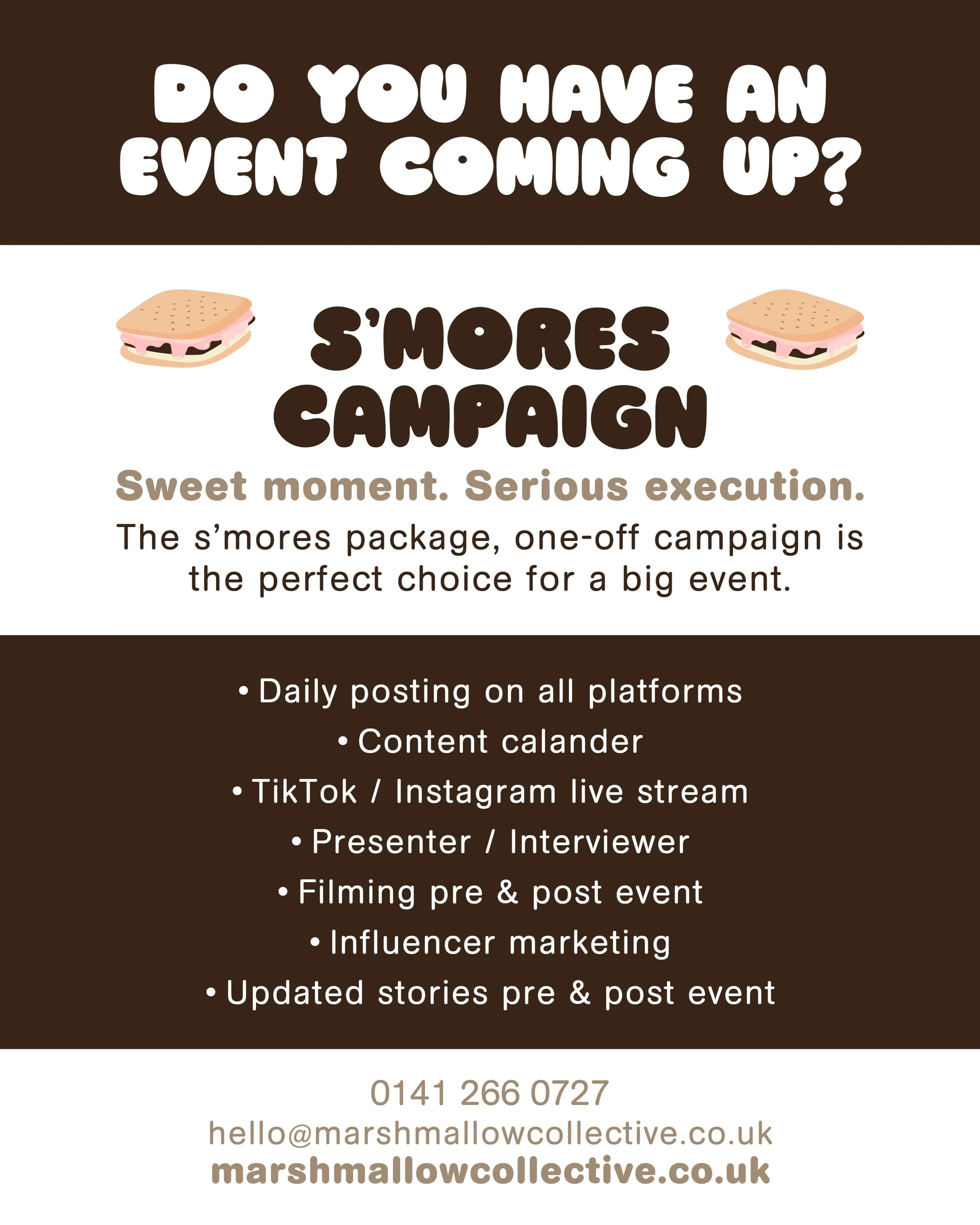 Got a big event coming up? Let&rsquo;s make it unforgettable ✨

Our S&rsquo;mores Campaign is the perfect one-off marketing package designed to create buzz before, during, and after your event 🎬

We offer everything from:
- Posting live to all platf