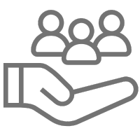 Ein Hand-Symbol mit einer Gruppe von Personen darüber, symbolisiert Unterstützung oder Gemeinschaft.