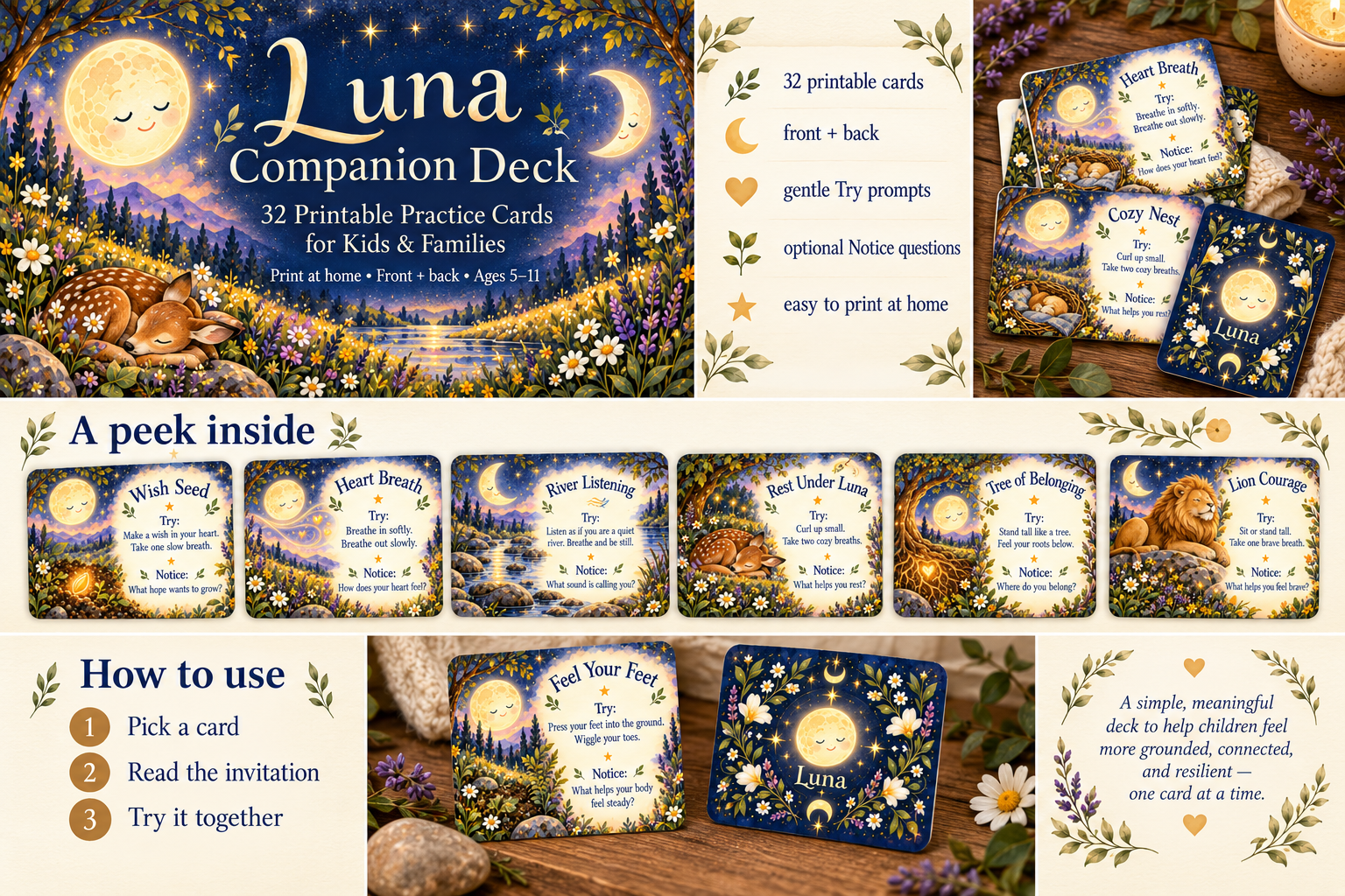 Luna: 32 Printable Practice Cards for Kids & Families