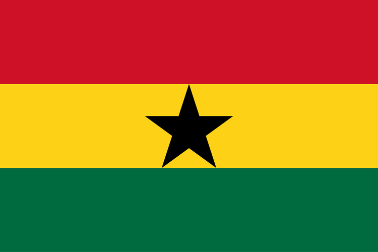 Ghana flag with three horizontal stripes in red, yellow, and green, and a black star in the center of the yellow stripe.