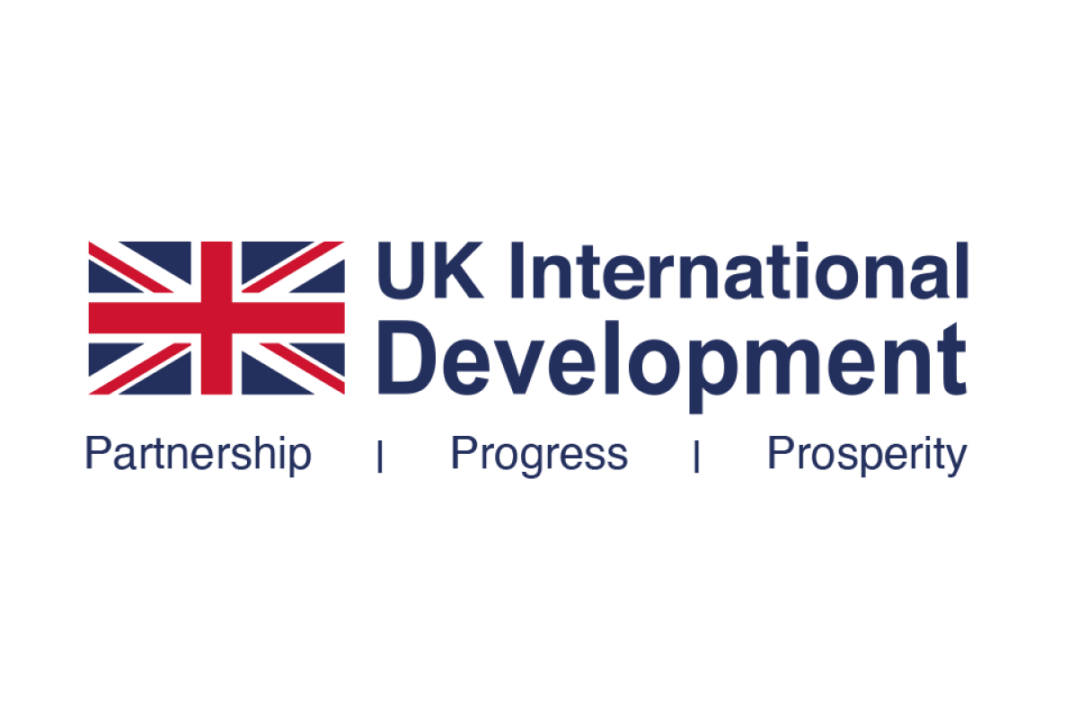 The logo of UK International Development featuring a stylized Union Jack flag and the words 'UK International Development' with the slogan 'Partnership, Progress, Prosperity' underneath.