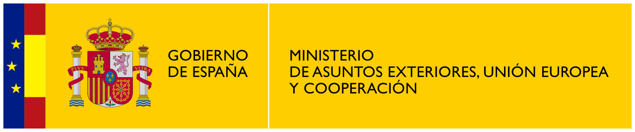A banner with the Spanish flag on the left and text in Spanish that reads 'GOBIERNO DE ESPAÑA' and 'MINISTERIO DE ASUNTOS EXTERIORES, UNIÓN EUROPEA Y COOPERACIÓN' on a yellow background.