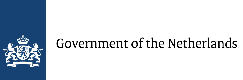 Dutch government logo with a blue shield, a white crown, and a lion holding a sword and arrows.