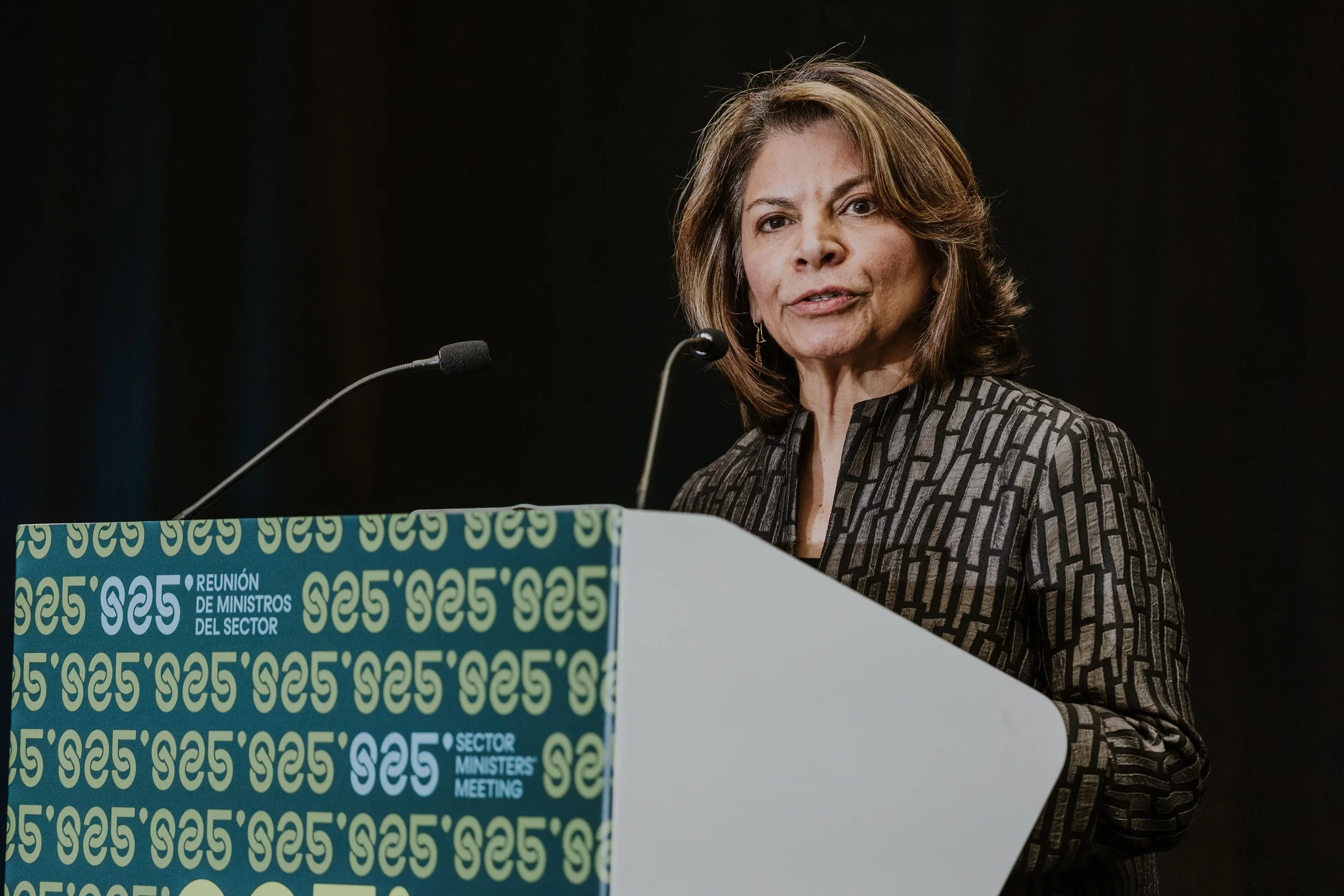A woman speaking at a podium during a ministers' sector meeting.