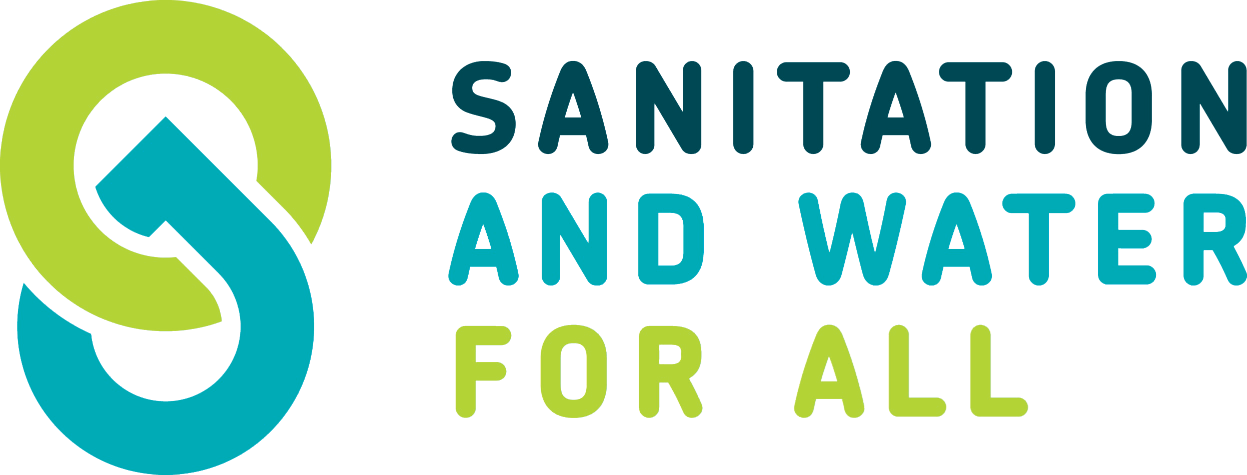 Sanitation and Water for All logo with a stylized water droplet in green and blue and the organization's name in dark and light blue text.