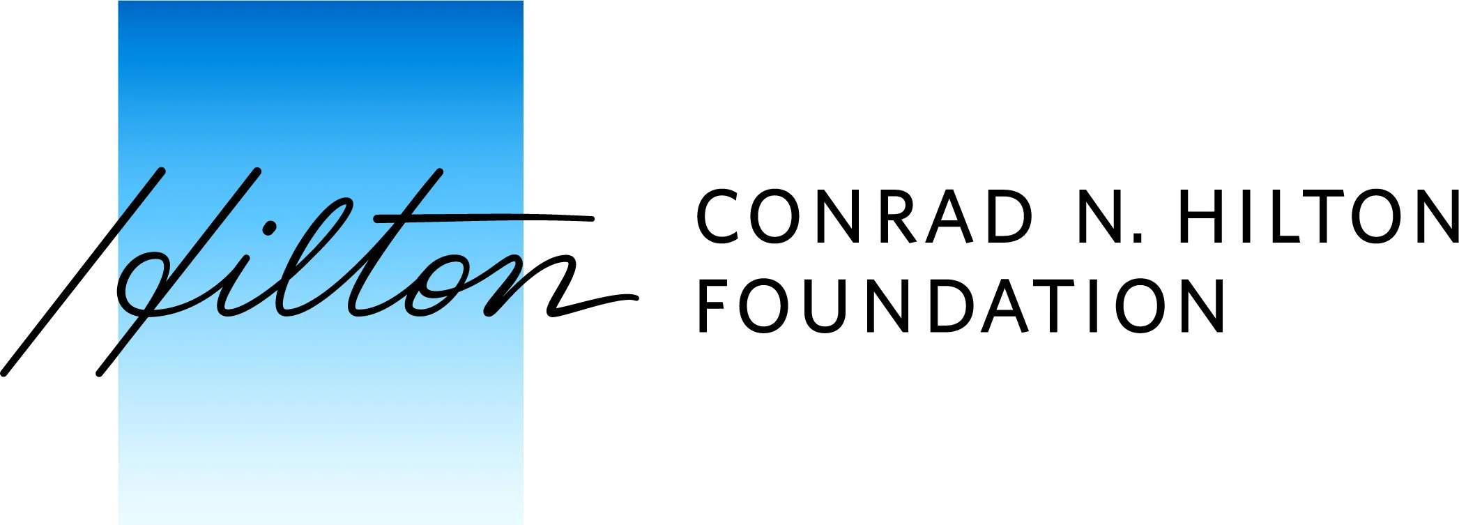 Logo of the Hilton Foundation with the words 'Hilton' in cursive script on a blue gradient background, and 'Conrad N. Hilton Foundation' in black uppercase letters to the right.