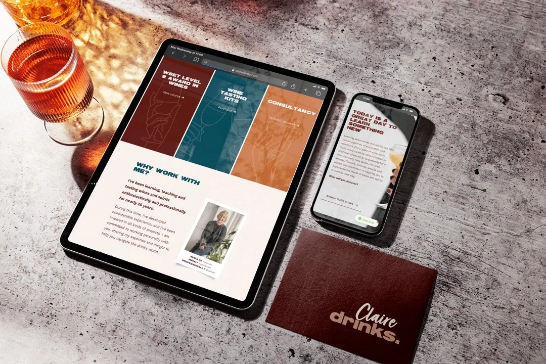 suite of digital websites and branded print items for claire drinks master of wine