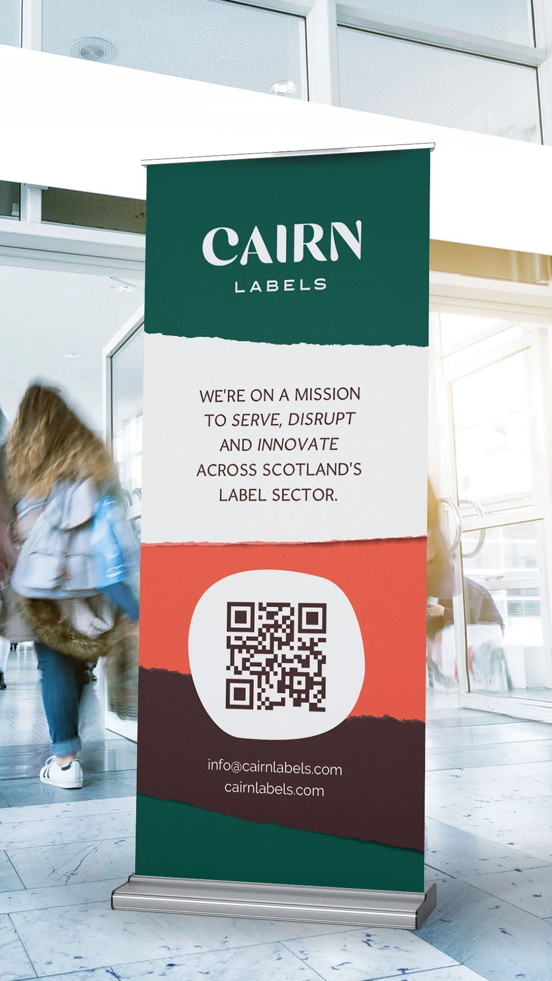 exhibition banner display branding application and design for cairn labels