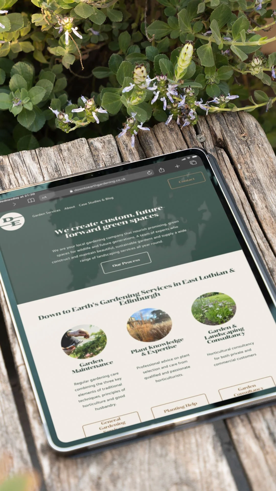 A tablet on a wooden surface displaying a gardening company's website with a background of green plants and purple flowers.