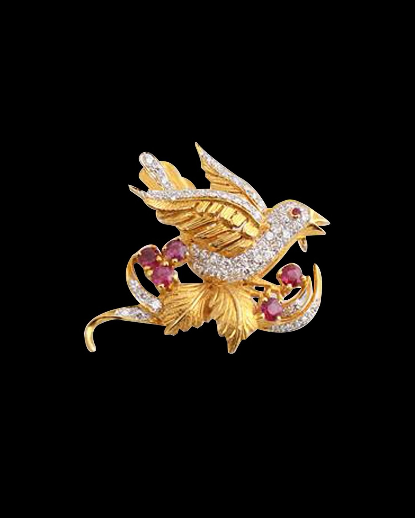 Brillant cut Diamond &amp; Ruby Bird Brooch 18K Gold, Diamonds 0,90 carats.

Weight 8.26g.