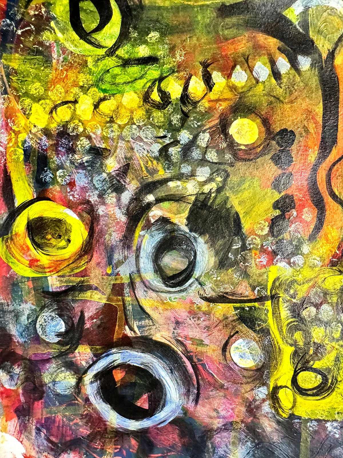 "Orbs in Transit" | Mixed media on board | 9"x12" | 2025