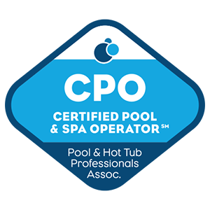 Certification badge for CPO Certified Pool & Spa Operator, indicating pool and hot tub professionals.