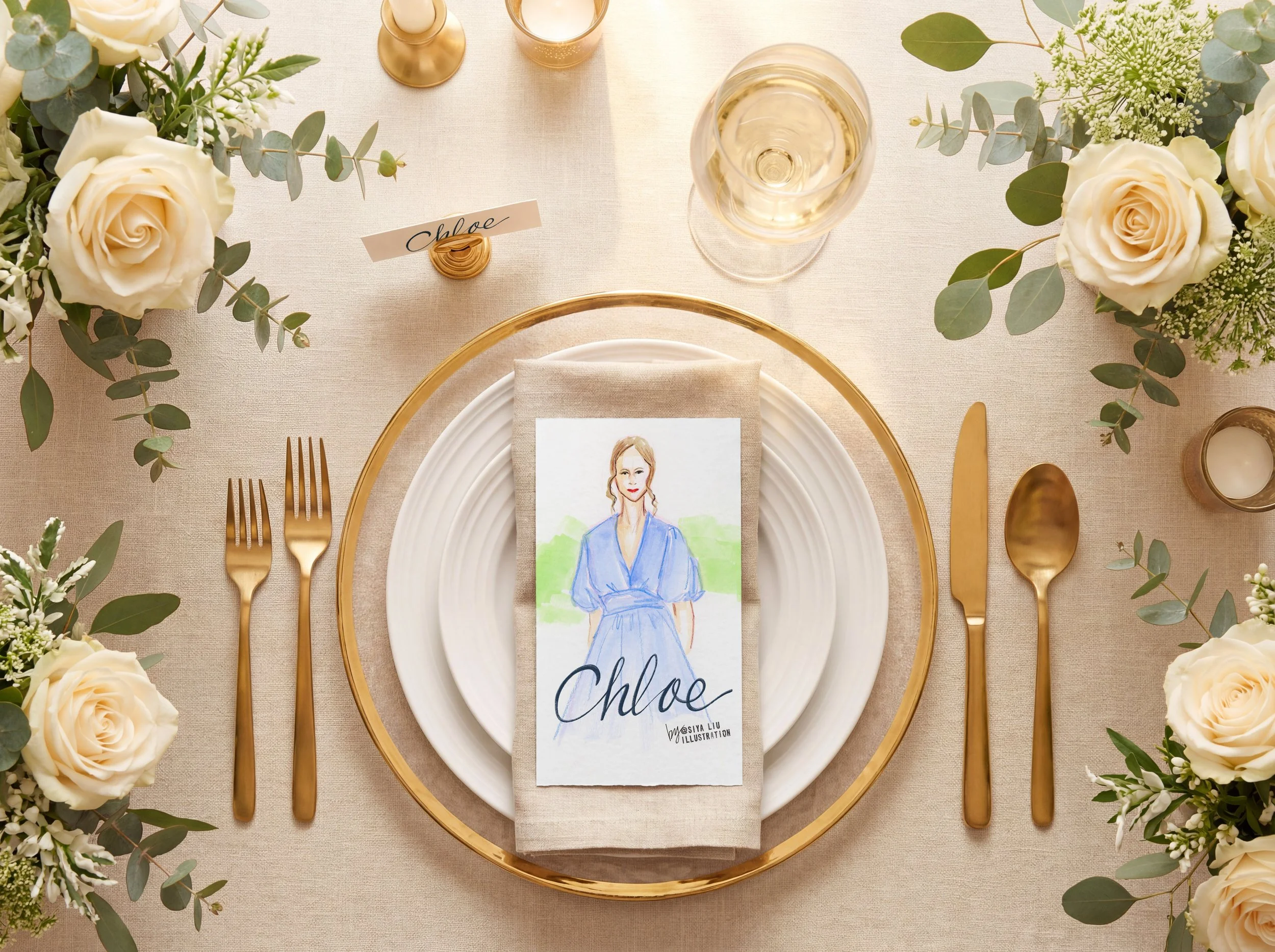 A fashion illustration of a lady in a navy blue dress, named Chloe, works as a luxury event or wedding place card and keepsake gift, hand-illustrated by Siya Liu, Live Event Artist at a live event.