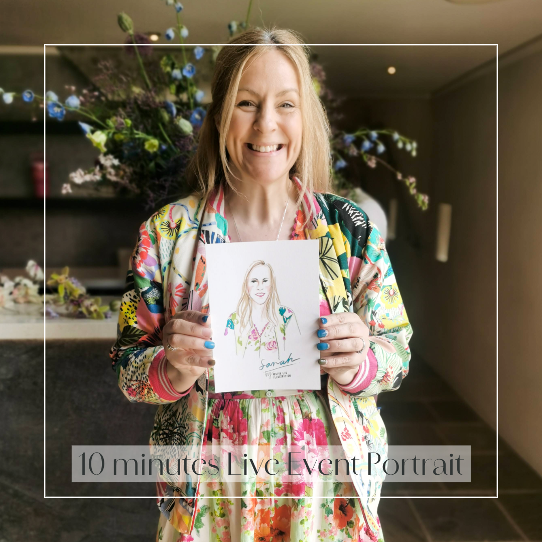 A lady wearing a floral outfit holding a fashion portrait of herself, illustrated by Siya Liu, Live Event Artist at a live event.