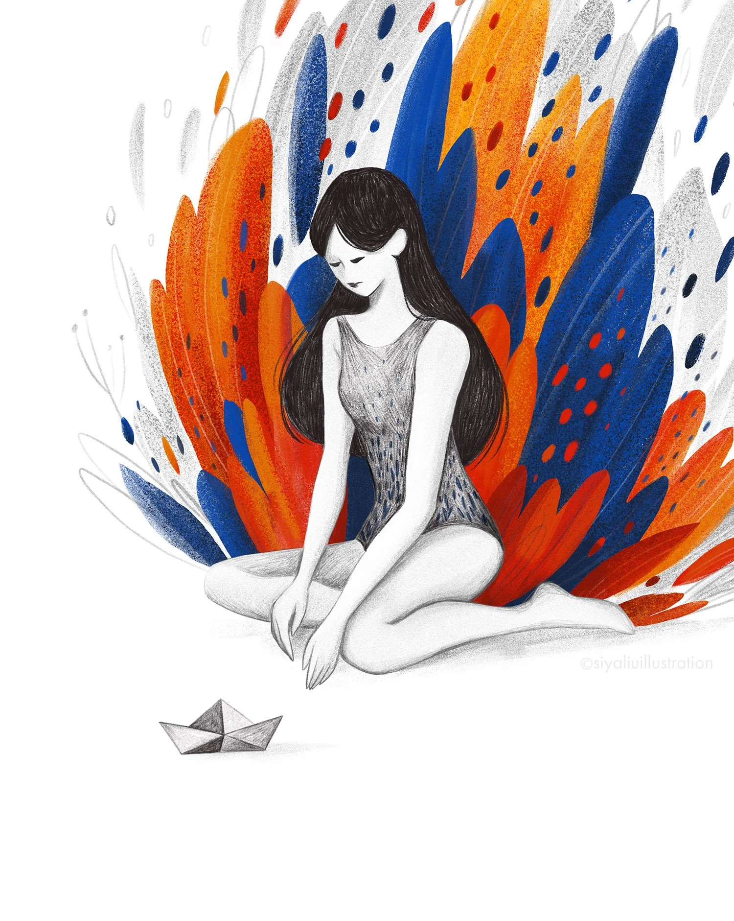 Detail from About Grief, a personal illustration project by Siya Liu exploring themes of loss through the image of a paper boat.