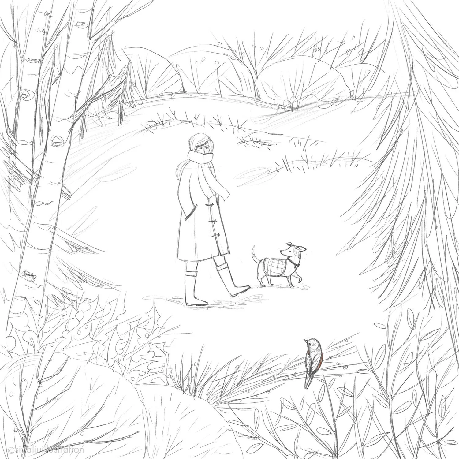 A sketch for the Winter / Christmas theme illustration featuring a woman in a pink coat walking with a small dog in a wintry landscape created by Siya Liu.  