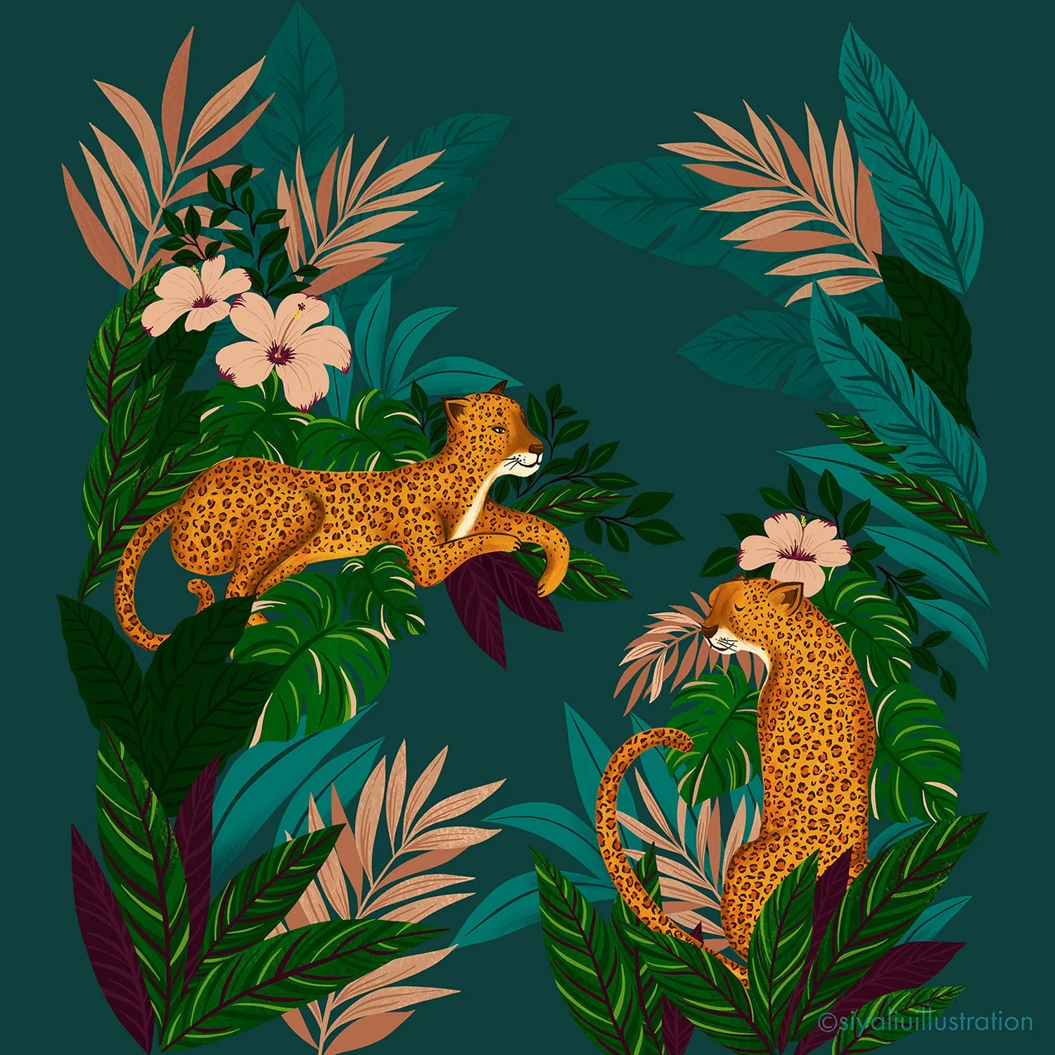 2 Stylised leopards and jungle foliage illustrated by Siya Liu