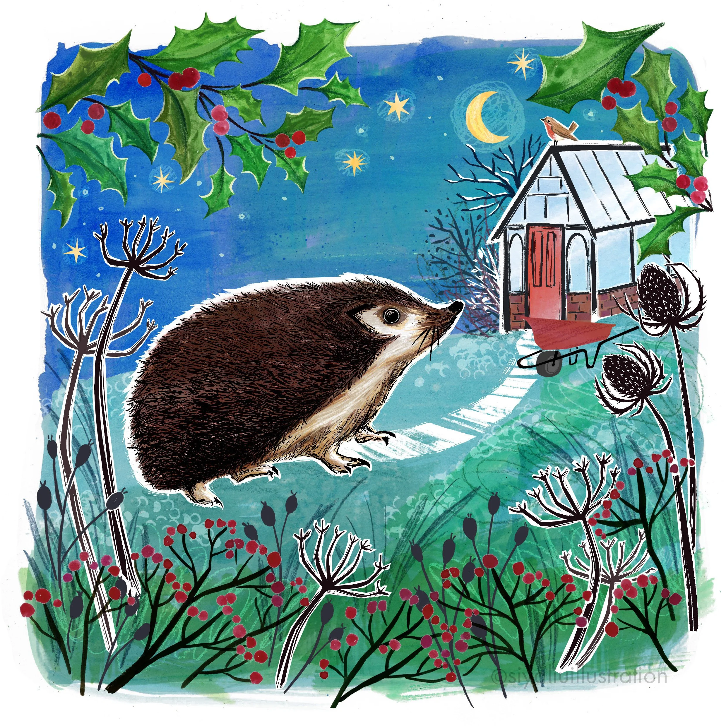hedgehog in a winter countryside landscape, mixed-media illustration.