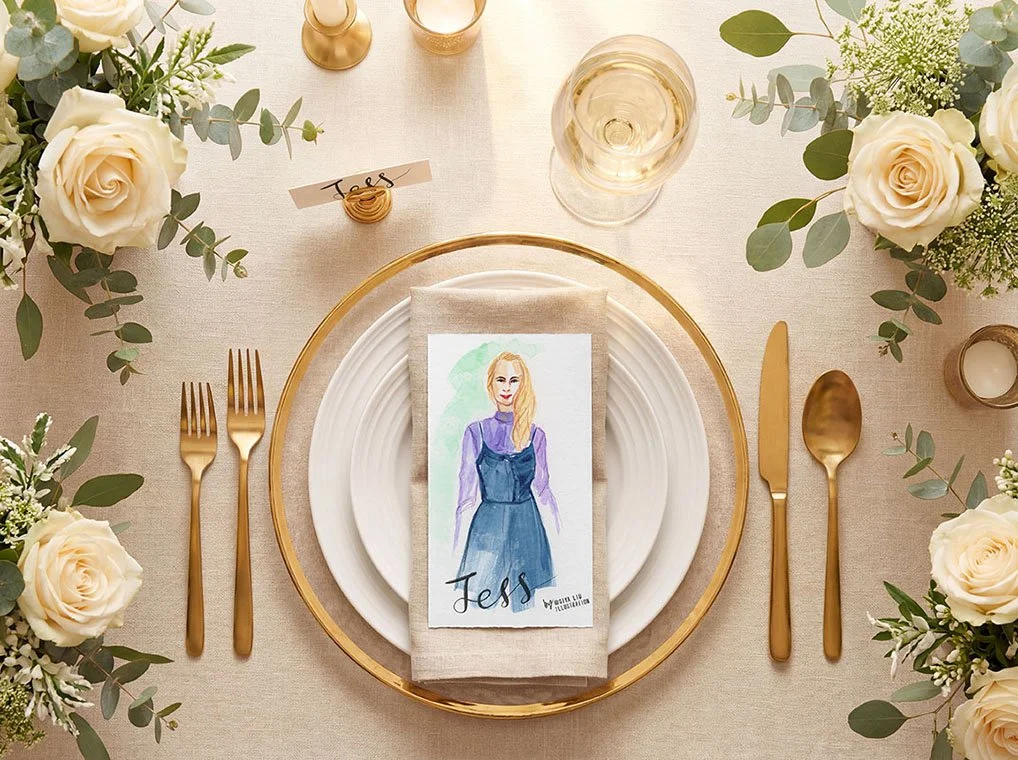 A fashion illustration of a lady dressed in a purple top and shoulder strap dress, named Jess, works as a luxury event or wedding place card and keepsake gift, hand-illustrated by Siya Liu, Live Event Artist at a live event.
