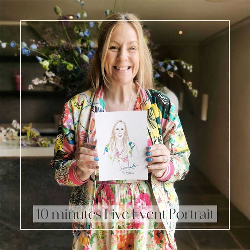 A long blonde-haired lady wearing a floral outfit, holding a personalised fashion portrait illustrated by Siya Liu at a live event.  