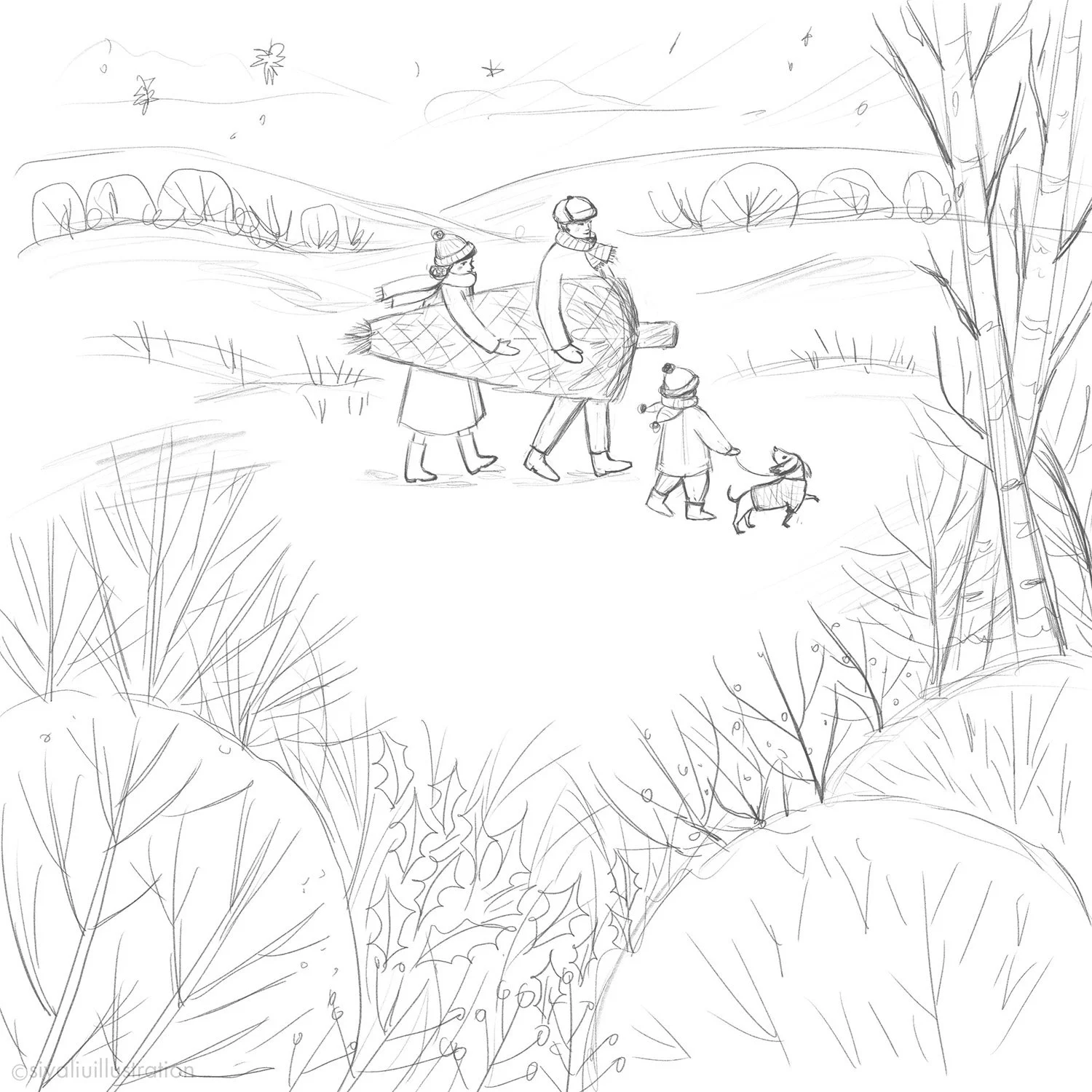 A sketch for a Winter / Christmas theme illustration featuring a family with a small child and a dog on a walk home with a Christmas tree, created by Siya Liu.  
