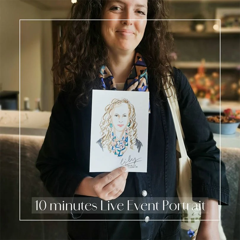 A dark wavy-haired lady wearing a colourful pattern scarf, holding a personalised fashion portrait illustrated by Siya Liu at a live event.  