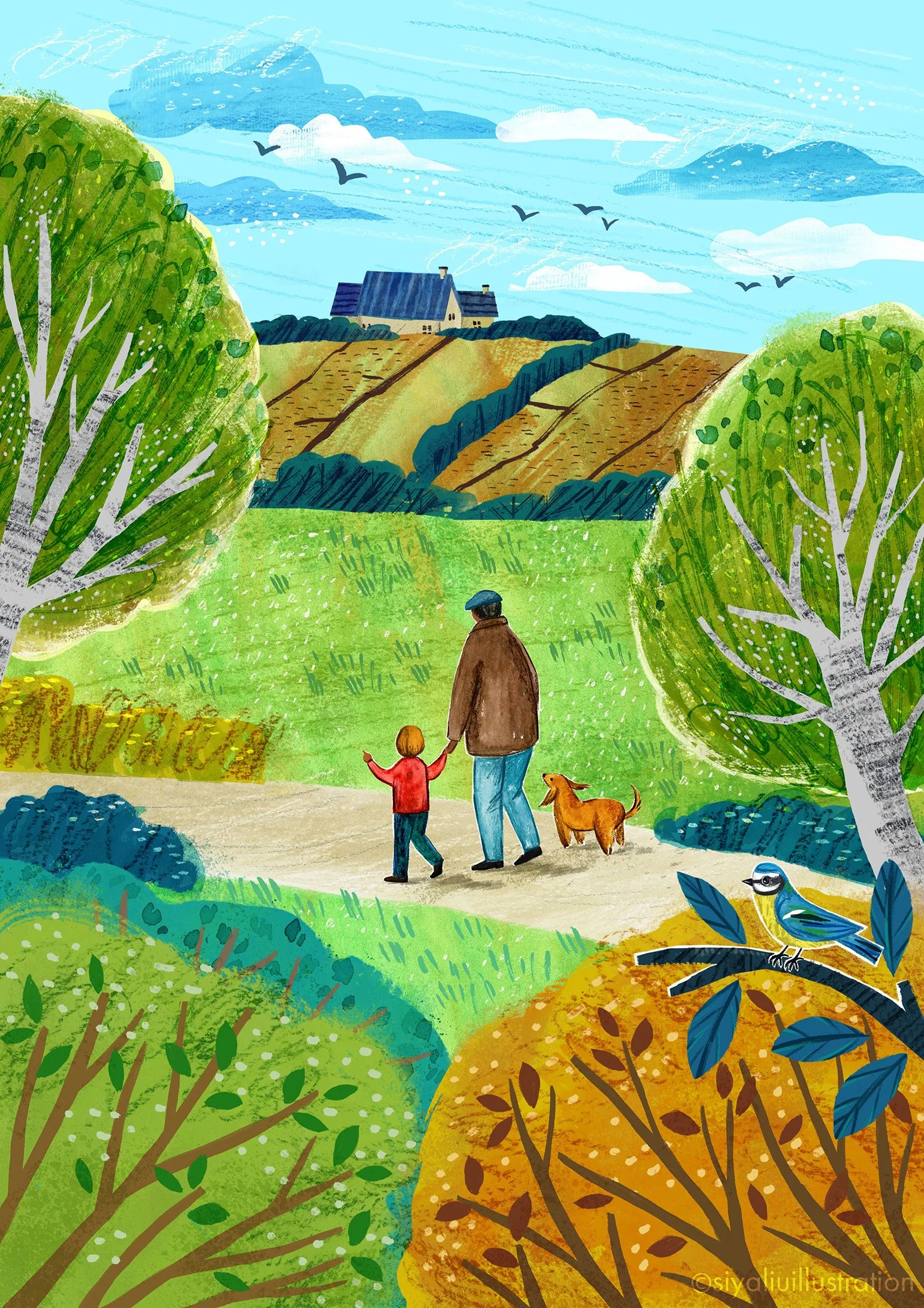 A mixed-media illustration by Siya Liu depicts a little child walking with a granddad and a little dog along a countryside path, pointing into the distance.