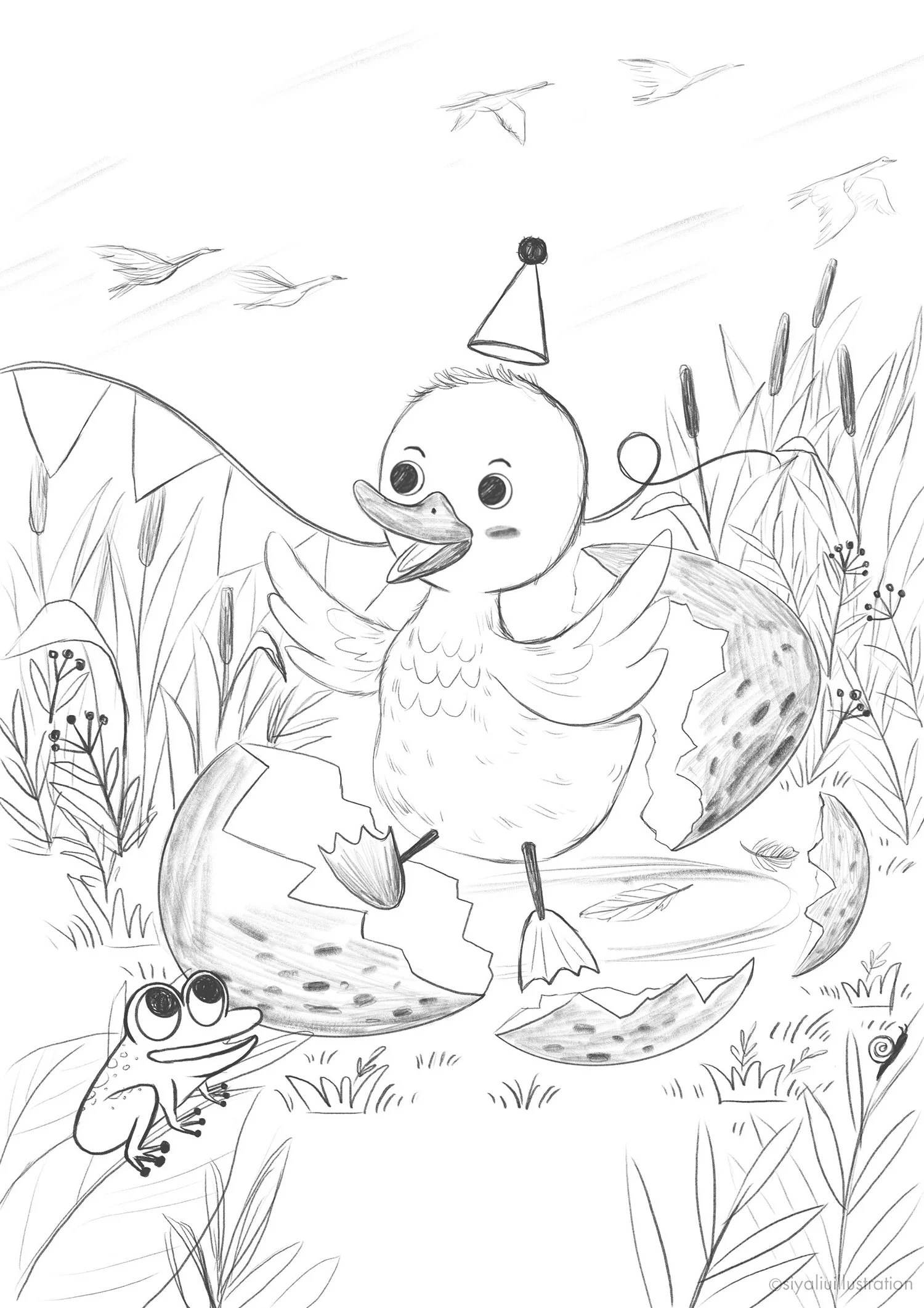 The final sketch for The Ugly Duckling theatre poster illustration by Siya Liu