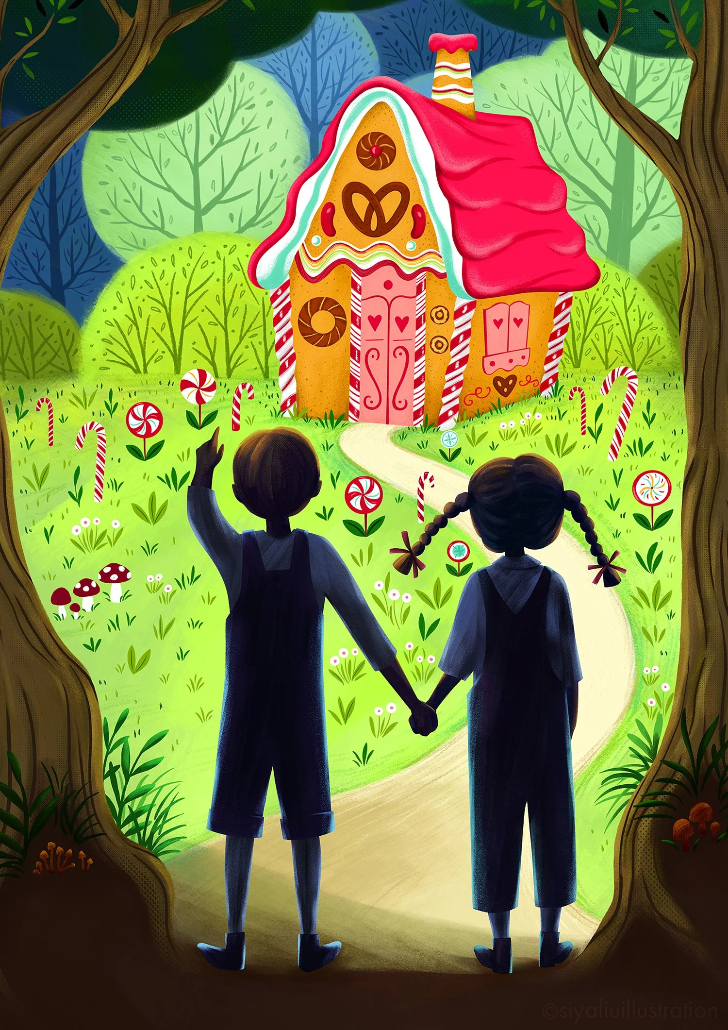 Hansel and Gretel  Theatre poster illustration by Siya Liu — character designs and illustration for a children's theatre production.