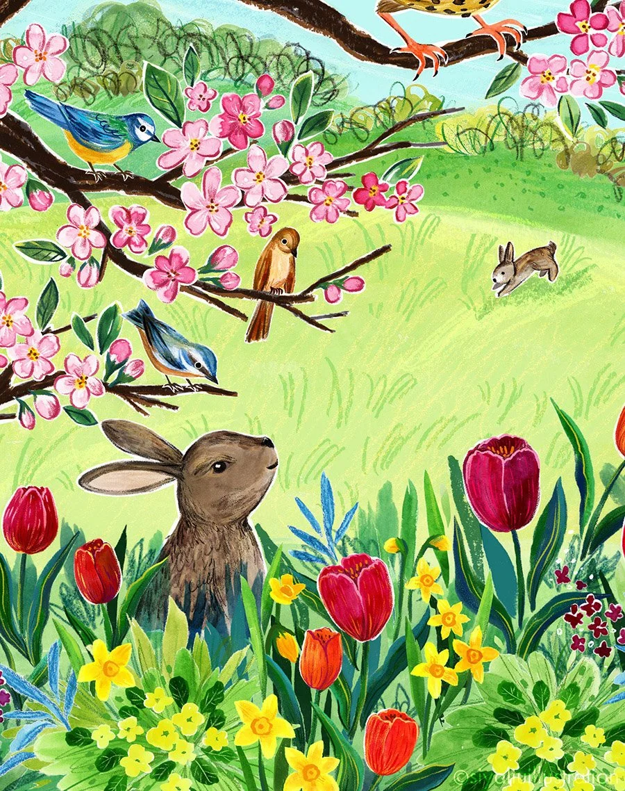 A spring day illustration by Siya Liu, a rabbit hiding in the tulips and daffodils.