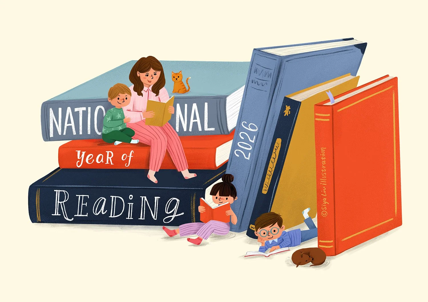 An vibrant illustration of a group of characters - 3 children and 1 adult reading books together created by Siya Liu.
