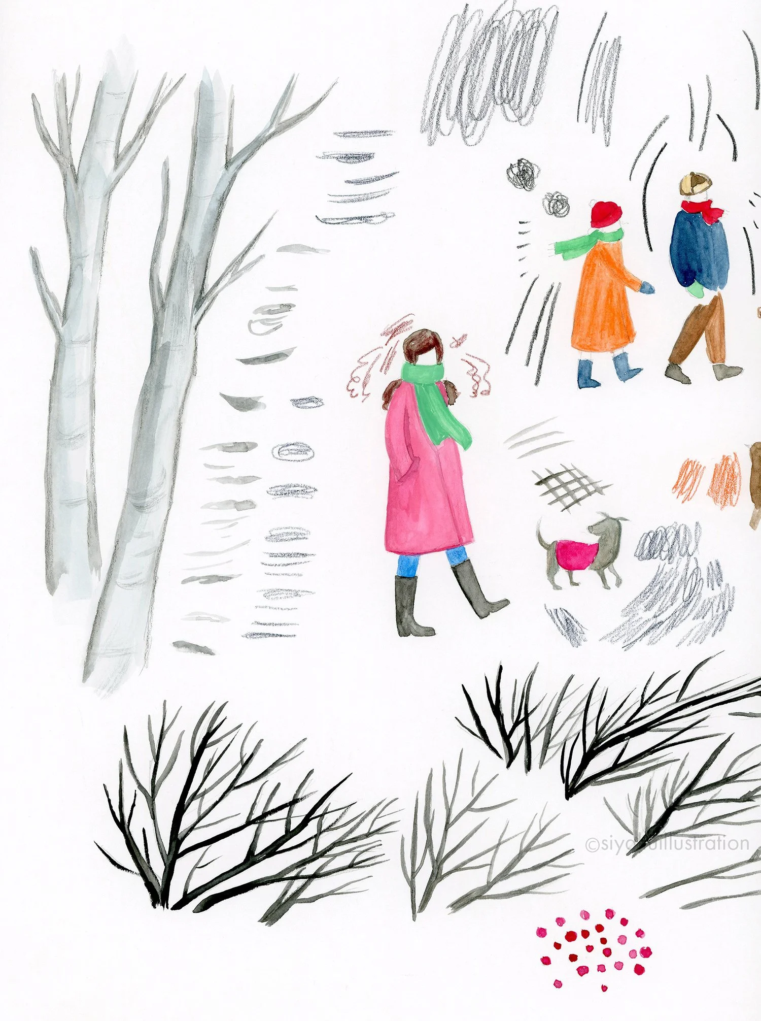 A mixture of paintings created by Siya Liu for a series of Winter/Christmas theme illustrations. 