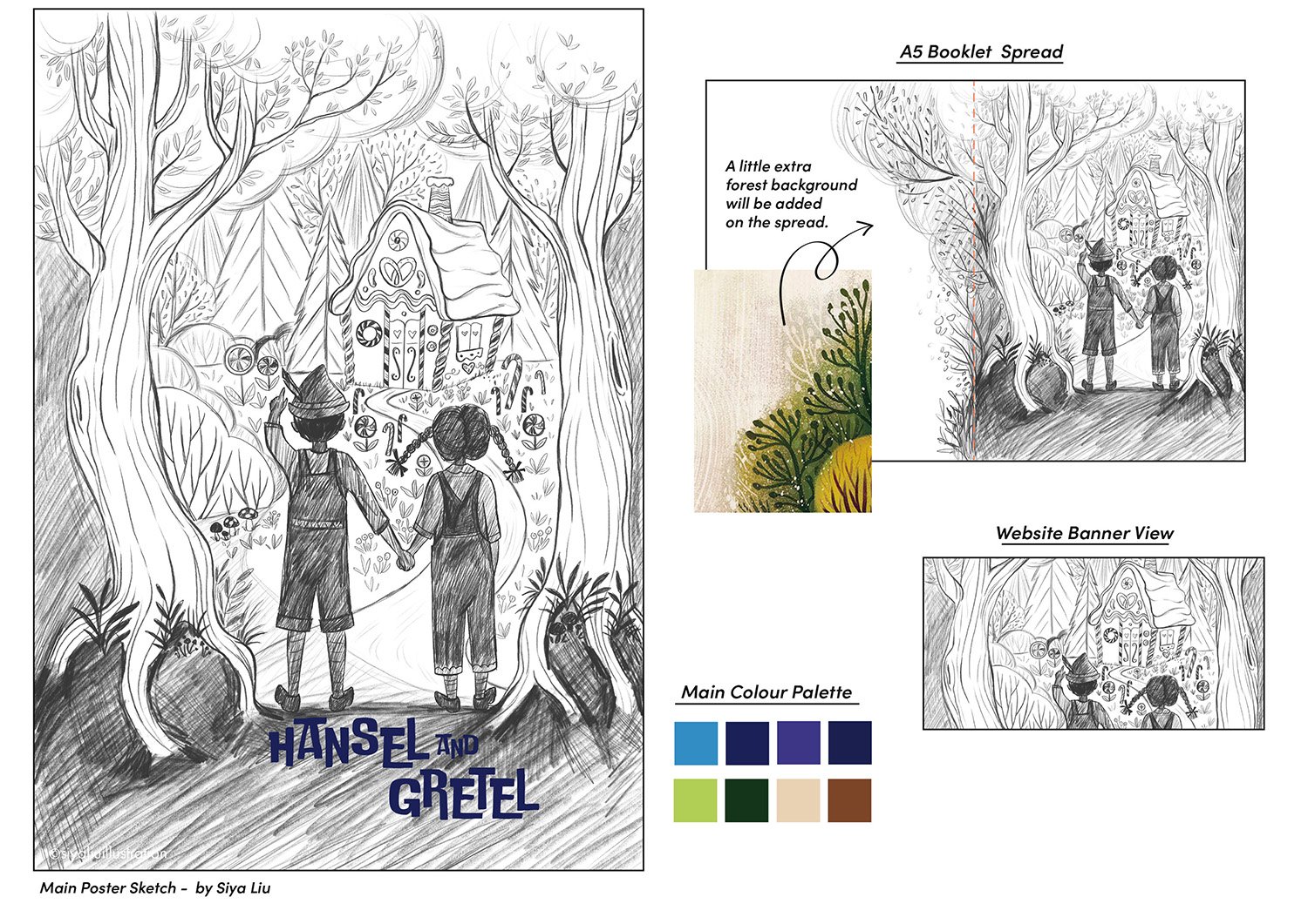 The original sketch for Hansel and Gretel theatre poster illustration by Siya Liu.